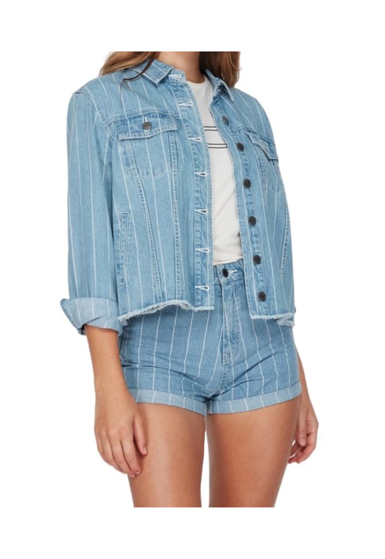 Geaca din denim cu dungi fine si terminatii nefinisate Pause It -