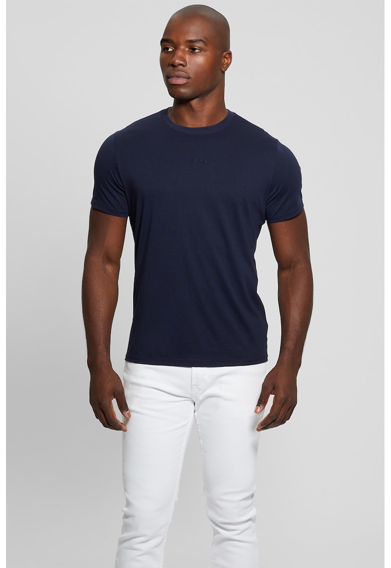 Tricou din bumbac cu decolteu la baza gatului - Bleumarin