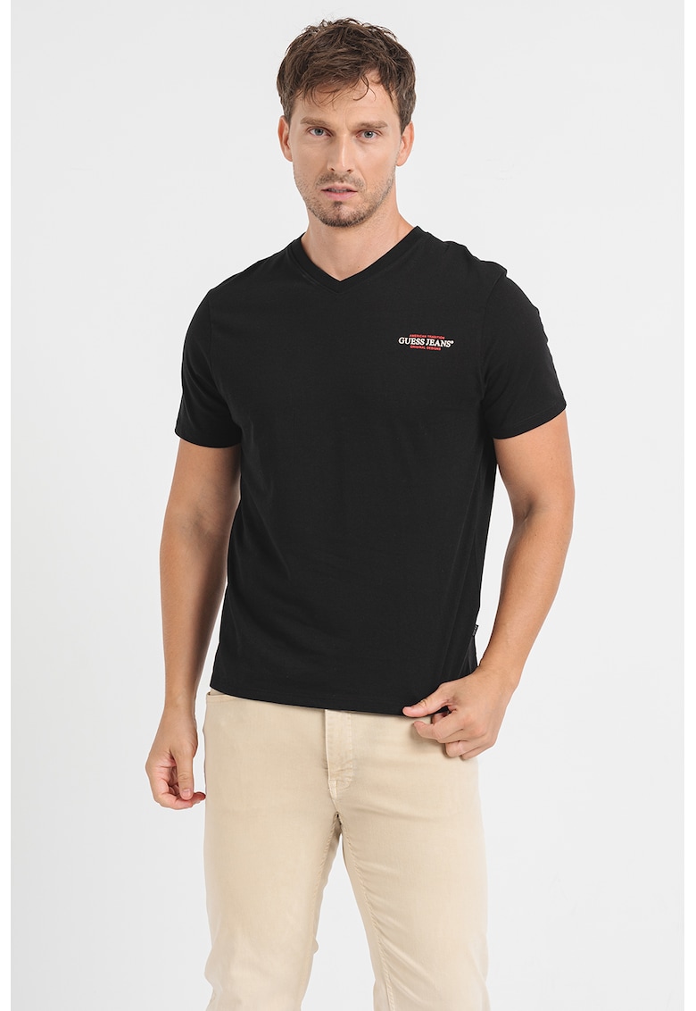 Tricou din bumbac cu decolteu in V - Negru
