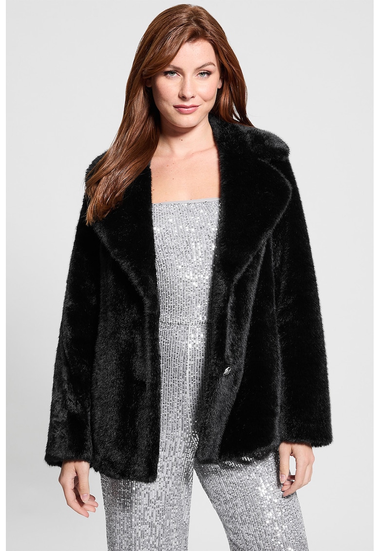Palton de blana sintetica cu nasturi si revere decupate - Negru