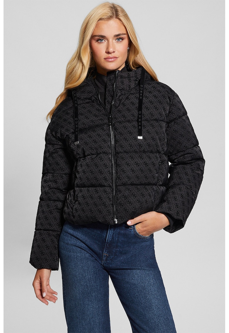 Geaca bufanta cu gluga si imprimeu logo - Negru