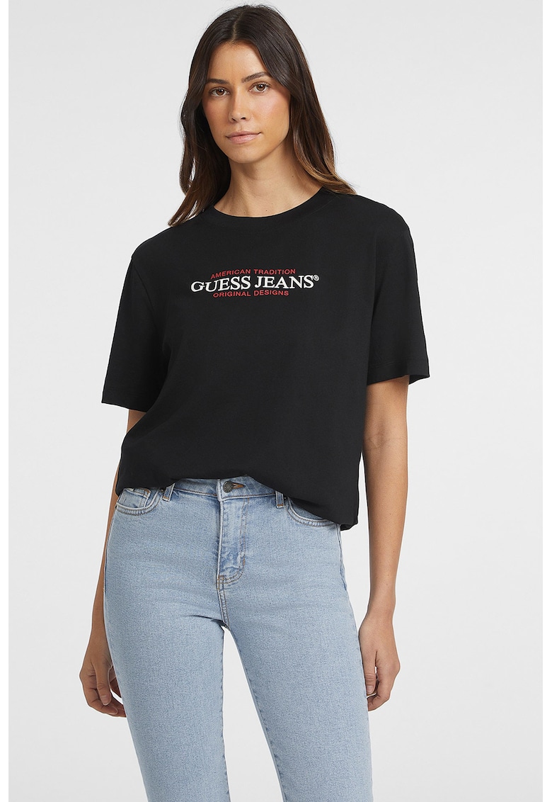 Tricou cu imprimeu logo si decolteu la baza gatului