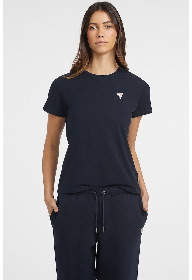 Tricou cu decolteu la baza gatului si logo - Bleumarin