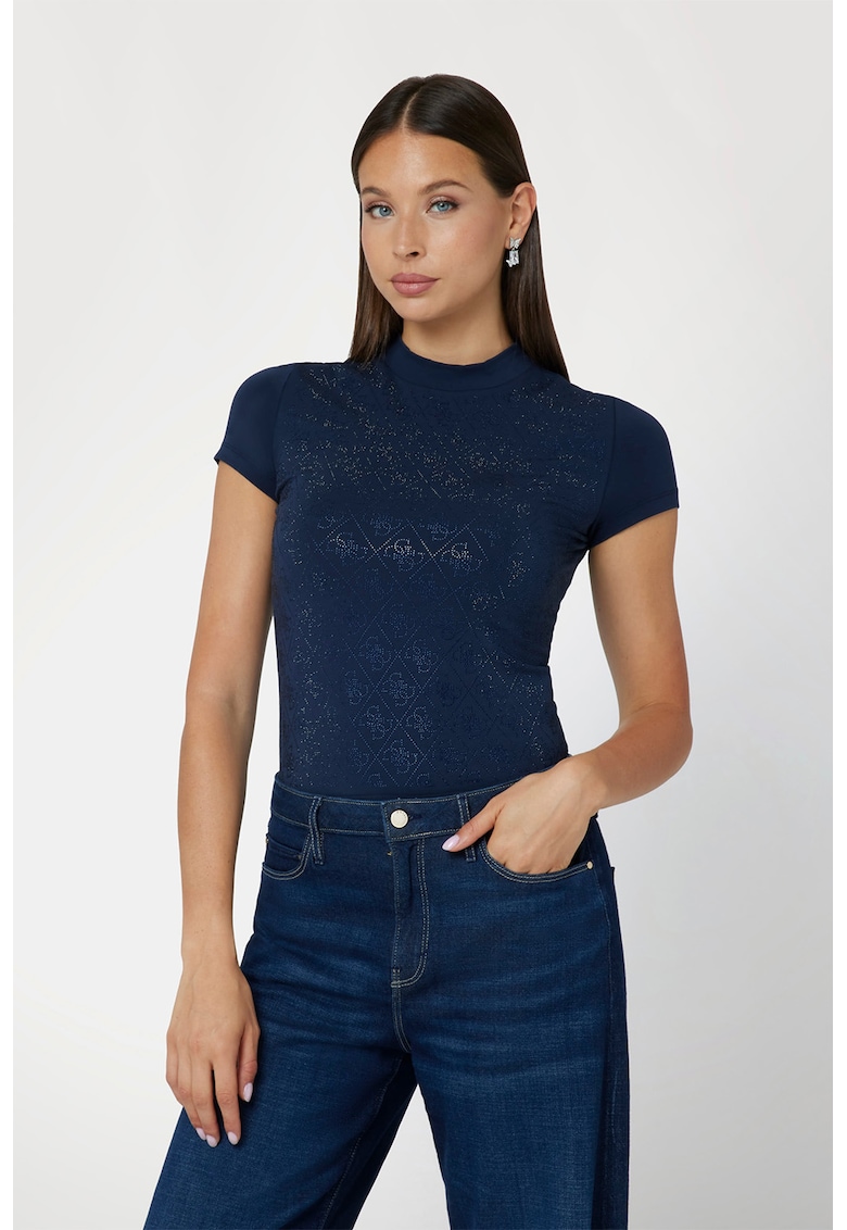 Tricou crop cu model monograma cu strasuri