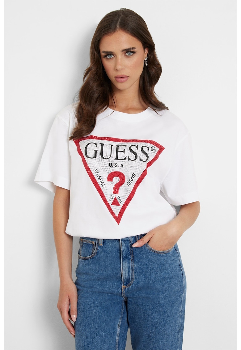 Guess Tricou cu imprimeu logo si strasuri - Rosu/Alb