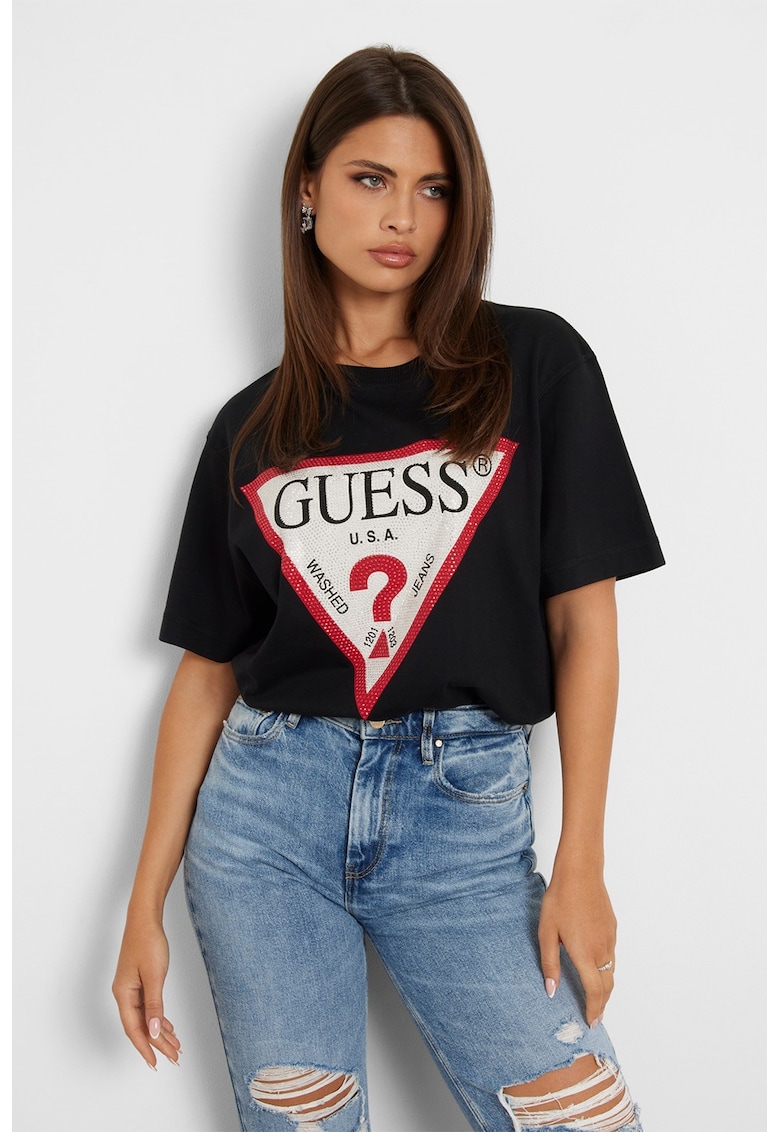 Guess Tricou cu imprimeu logo si strasuri - Rosu/Negru