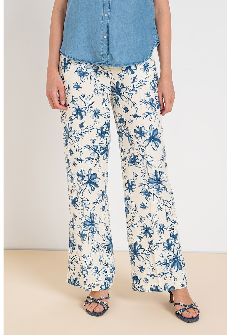 Pantaloni cu model floral si talie inalta