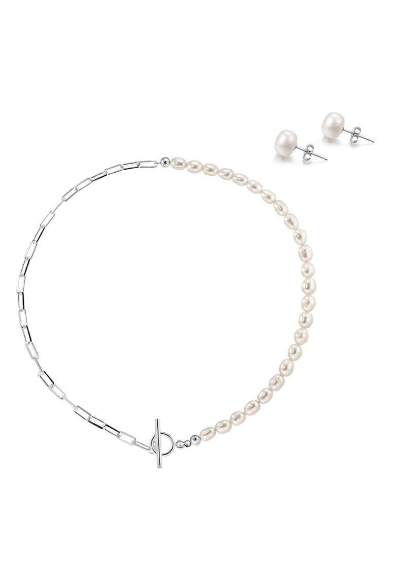 Set cercei argint 925 cu perle de cultura si colier argint 925 cu perle de cultura albe 6.5mm + lant paperclip - inchizatoare toggle S
