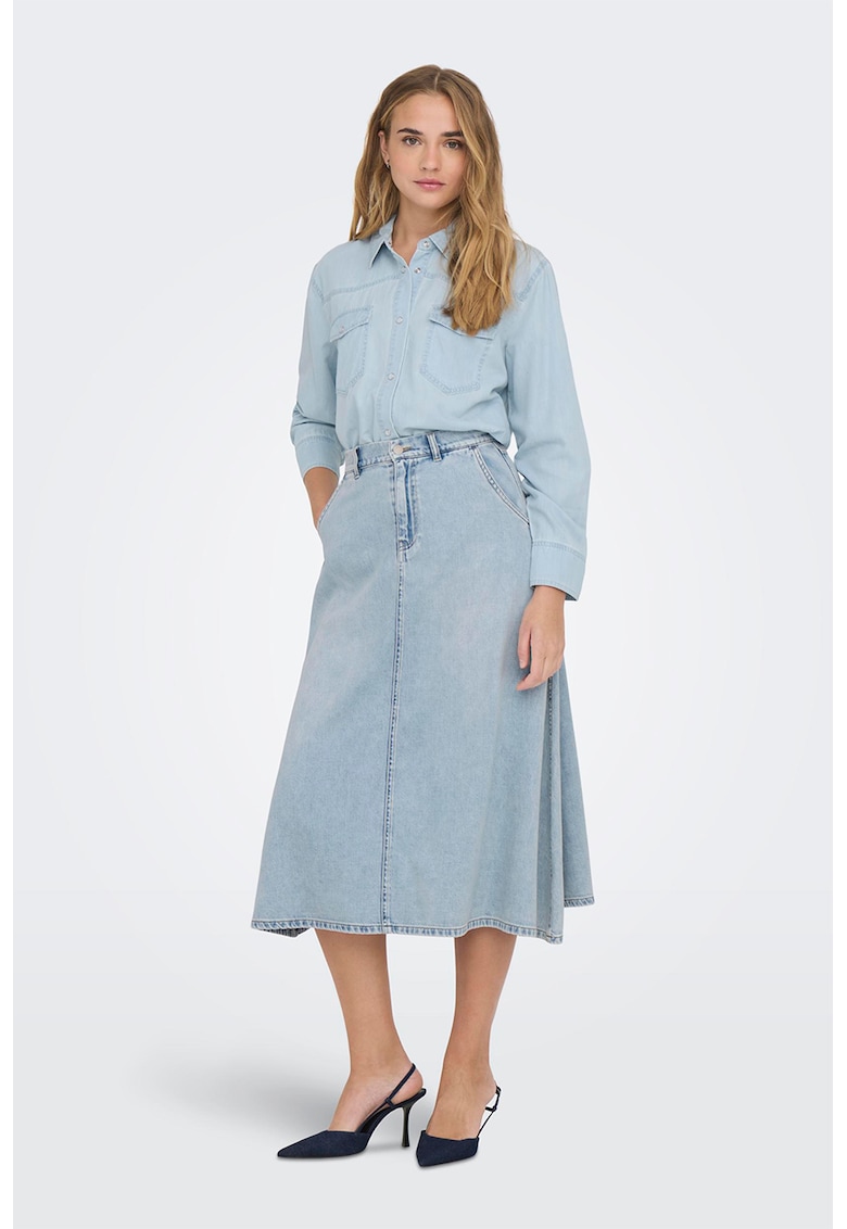 Fusta midi de denim cu buzunare