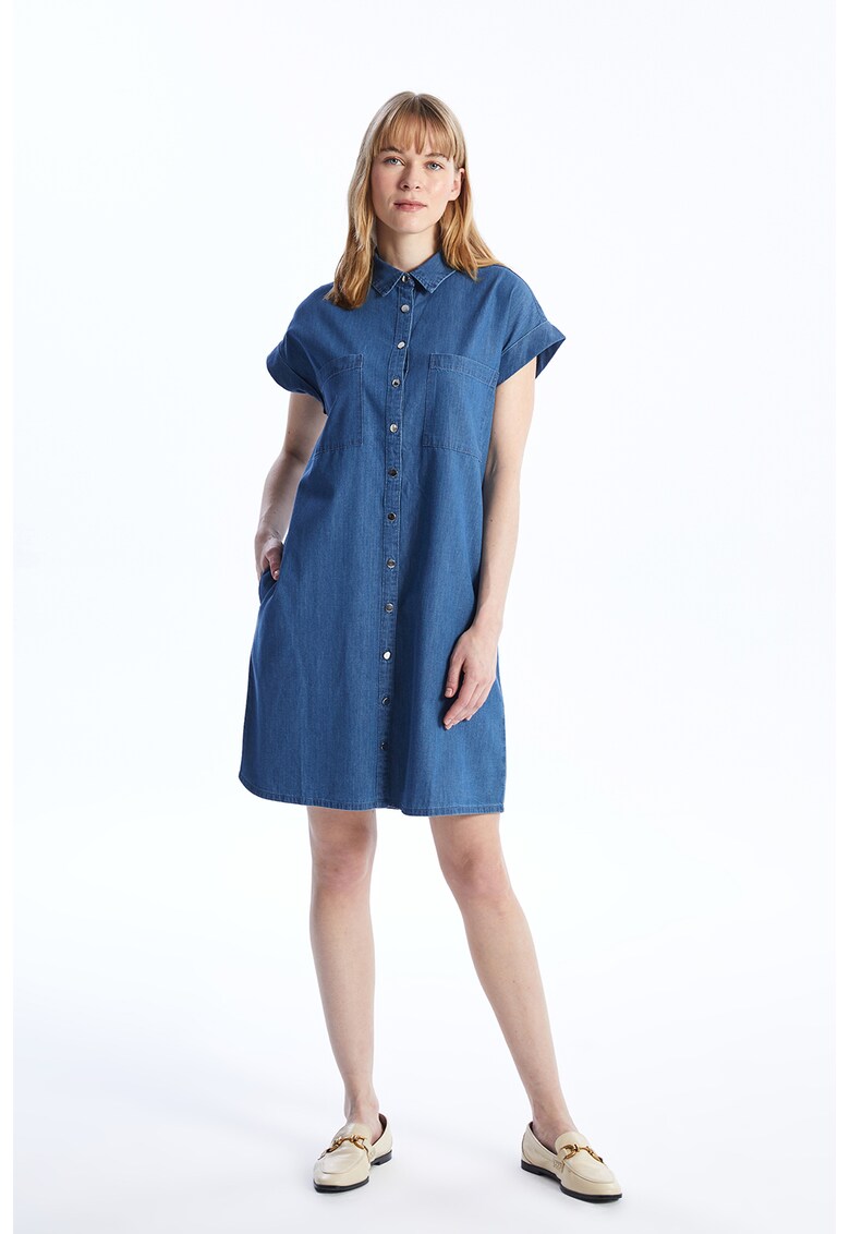 Rochie-camasa de denim cu buzunare aplicate pe piept