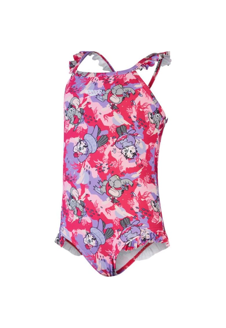 Costum de inot colectia LTS - cu imprimeu Aria si Ellie - volane - roz si mov - 2 ani