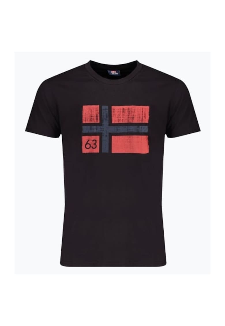 Tricou barbati cu decolteu la baza gatului si imprimeu cu logo - Negru -