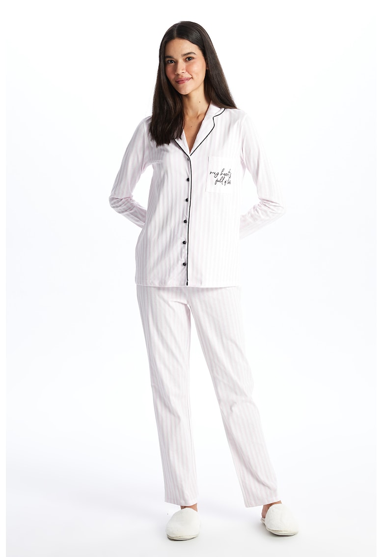 Pijama de bumbac cu pantaloni lungi si model in dungi
