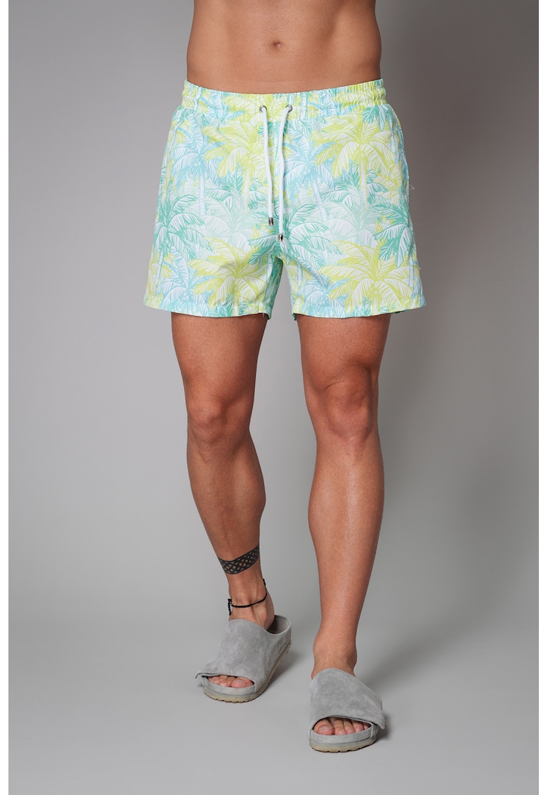 Pantaloni scurti de baie cu imprimeu tropical si buzunare laterale
