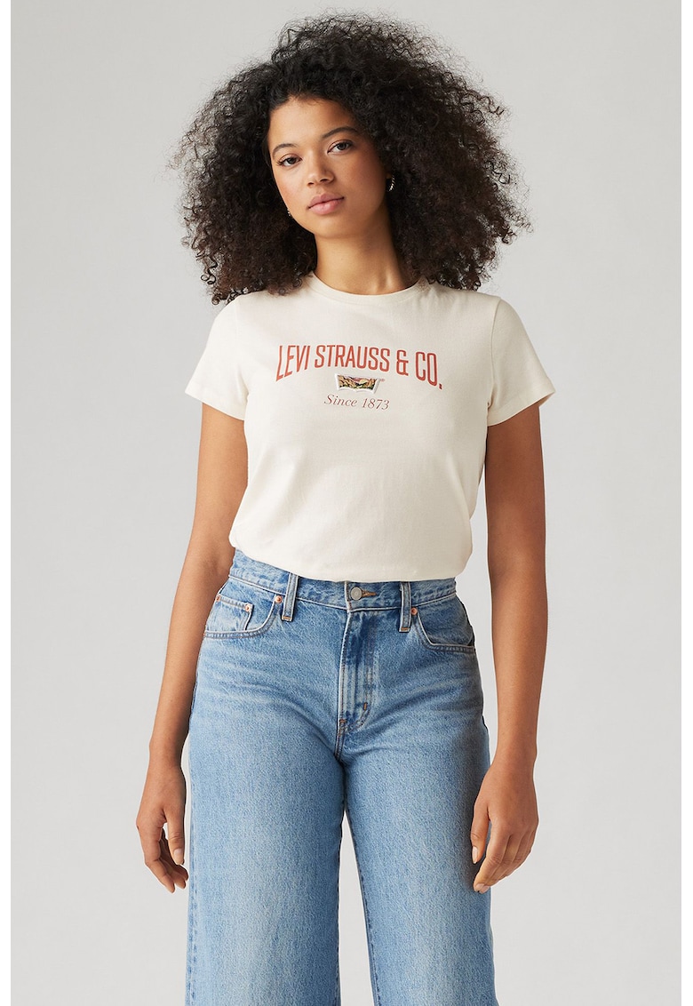Tricou de bumbac cu decolteu la baza gatului - Crem