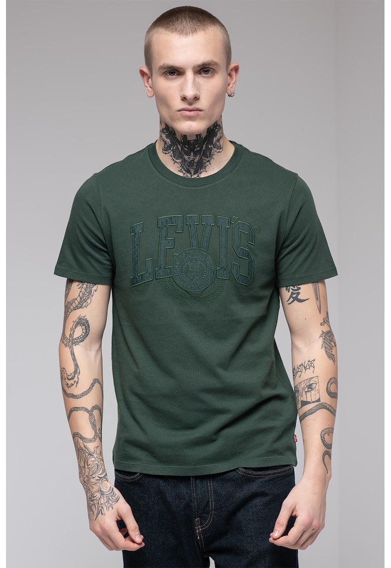 Tricou din bumbac cu decolteu la baza gatului si logo