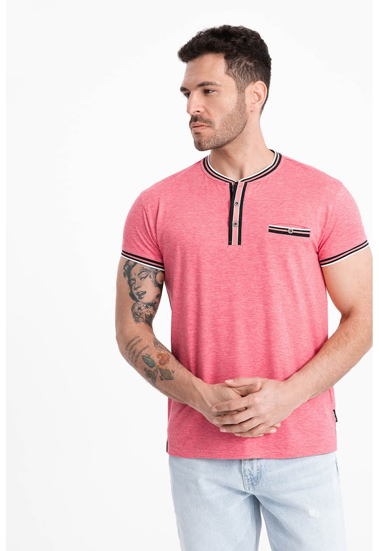 Ombre Tricou Henley cu accente in dungi - Negru/Fucsia