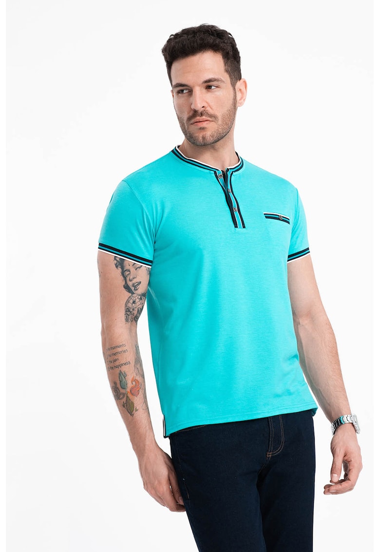 Ombre Tricou Henley cu accente in dungi - Negru/Turcoaz