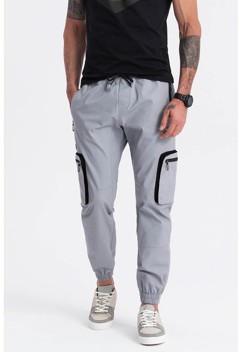 Pantaloni cargo cu mansete elastice - Negru/Gri deschis