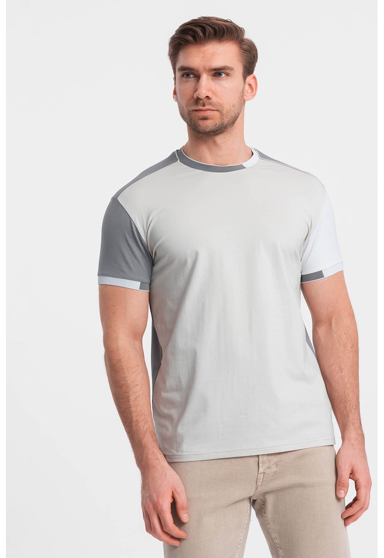 Ombre Tricou cu decolteu la baza gatului si model colorblock - Gri