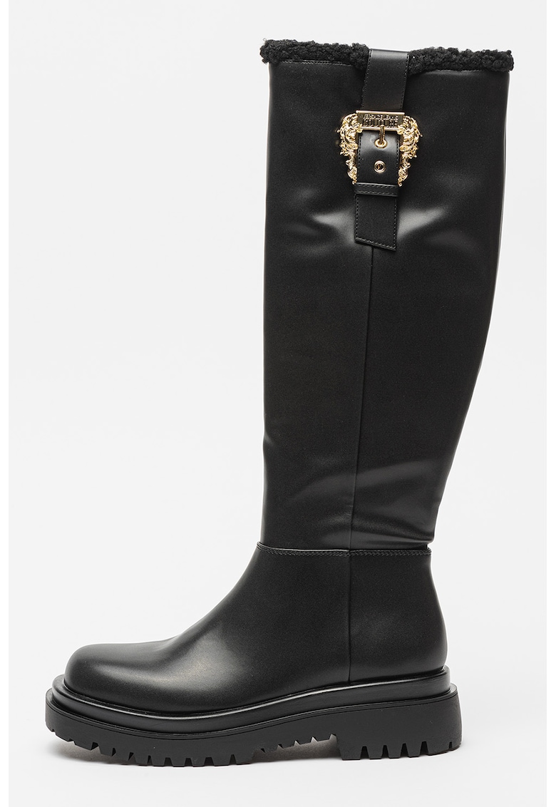Cizme lungi pana la genuchi din piele ecologica cu garnituri din blana sintetica - Negru