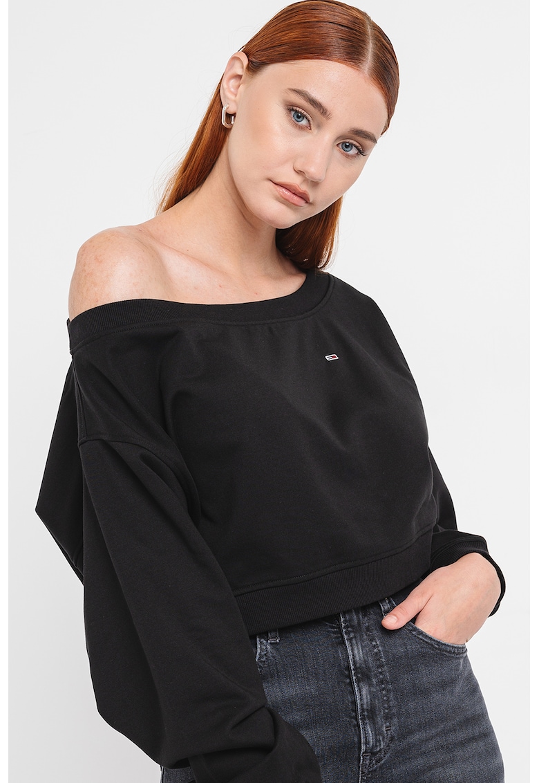 Bluza de trening crop din amestec de bumbac organic cu decolteu pe umar