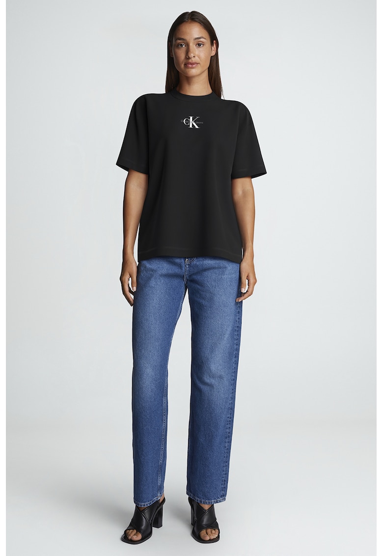 Tricou de bumbac cu decolteu la baza gatului si logo - Negru