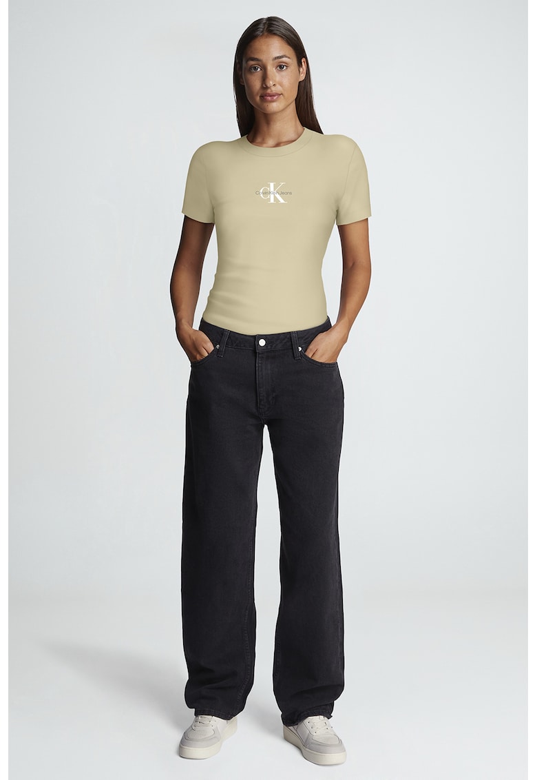 Tricou de bumbac cu decolteu la baza gatului - Bej