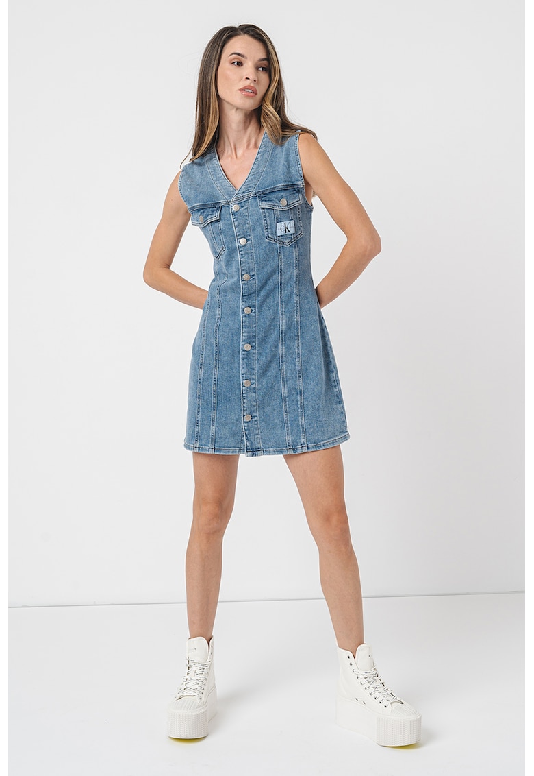 Rochie mini din denim cu decolteu in V - Albastru