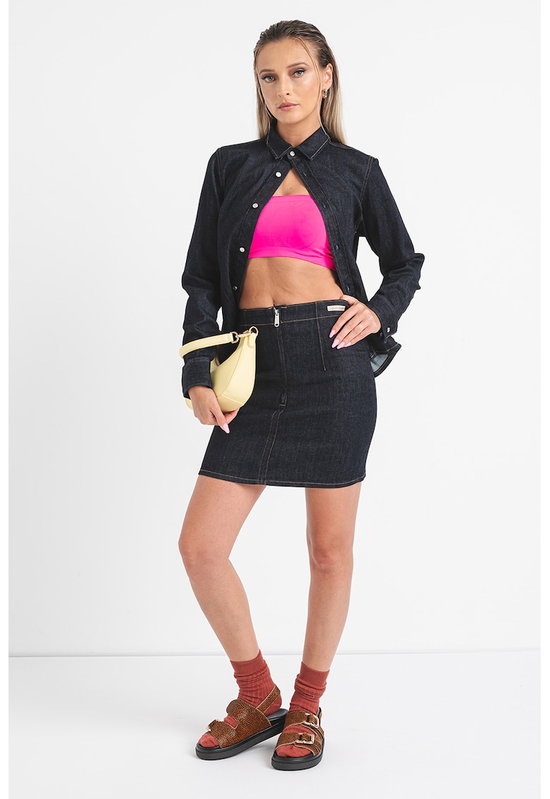 Fusta mini din denim cu cusaturi contrastante