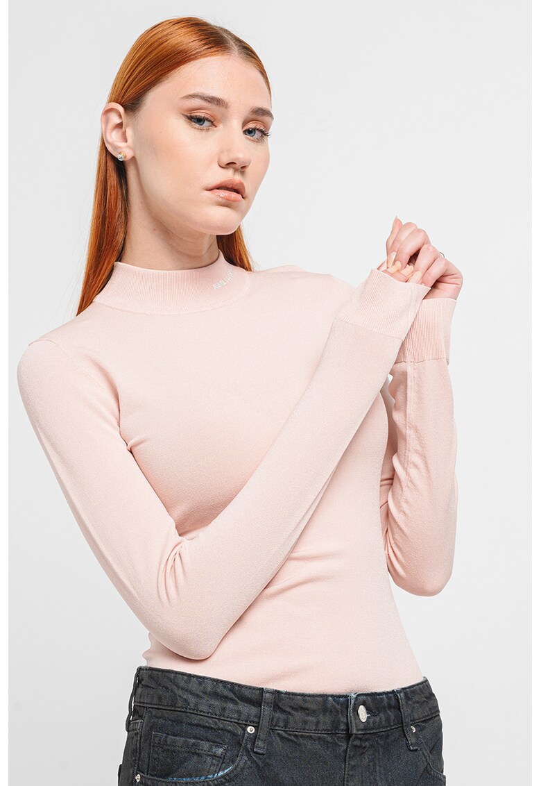 Pulover tricotat fin cu guler scurt - Roz pal