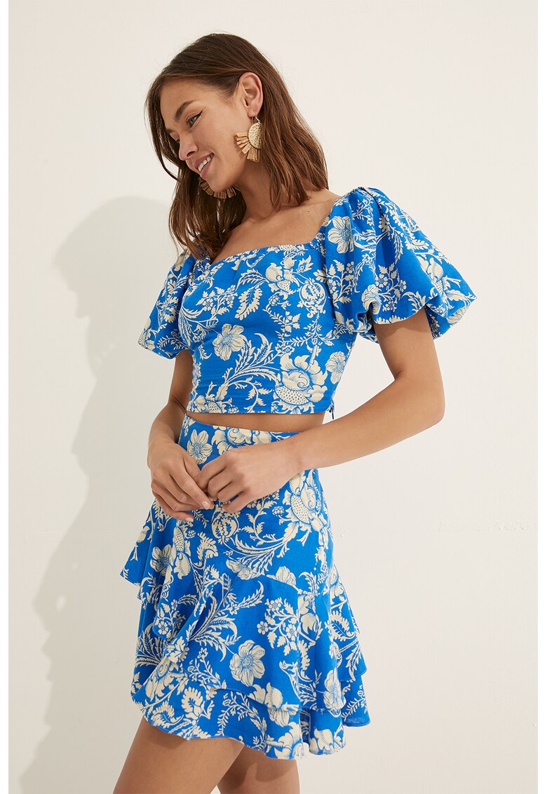 Bluza din amestec de in cu model si decolteu patrat