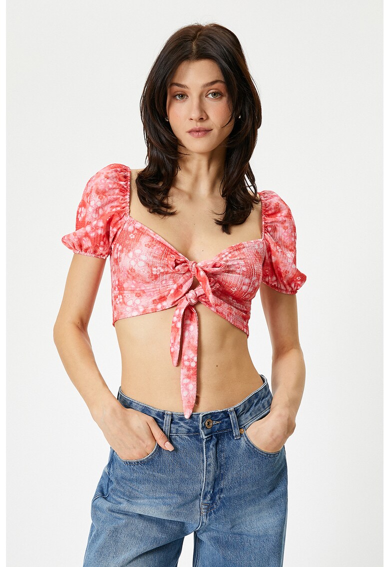 Bluza crop cu detalii cu nod - Rosu/Alb/Roz