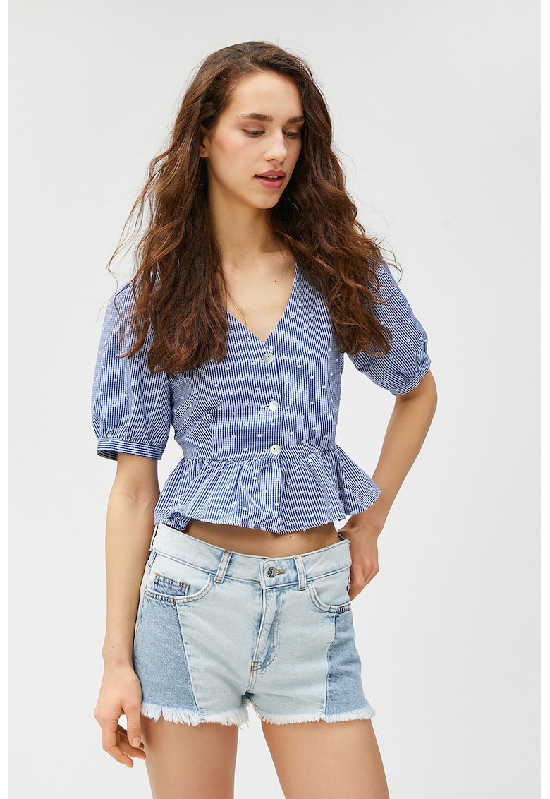 Bluza crop din amestec de bumbac - in carouri - cu detalii brodate - Albastru lavanda