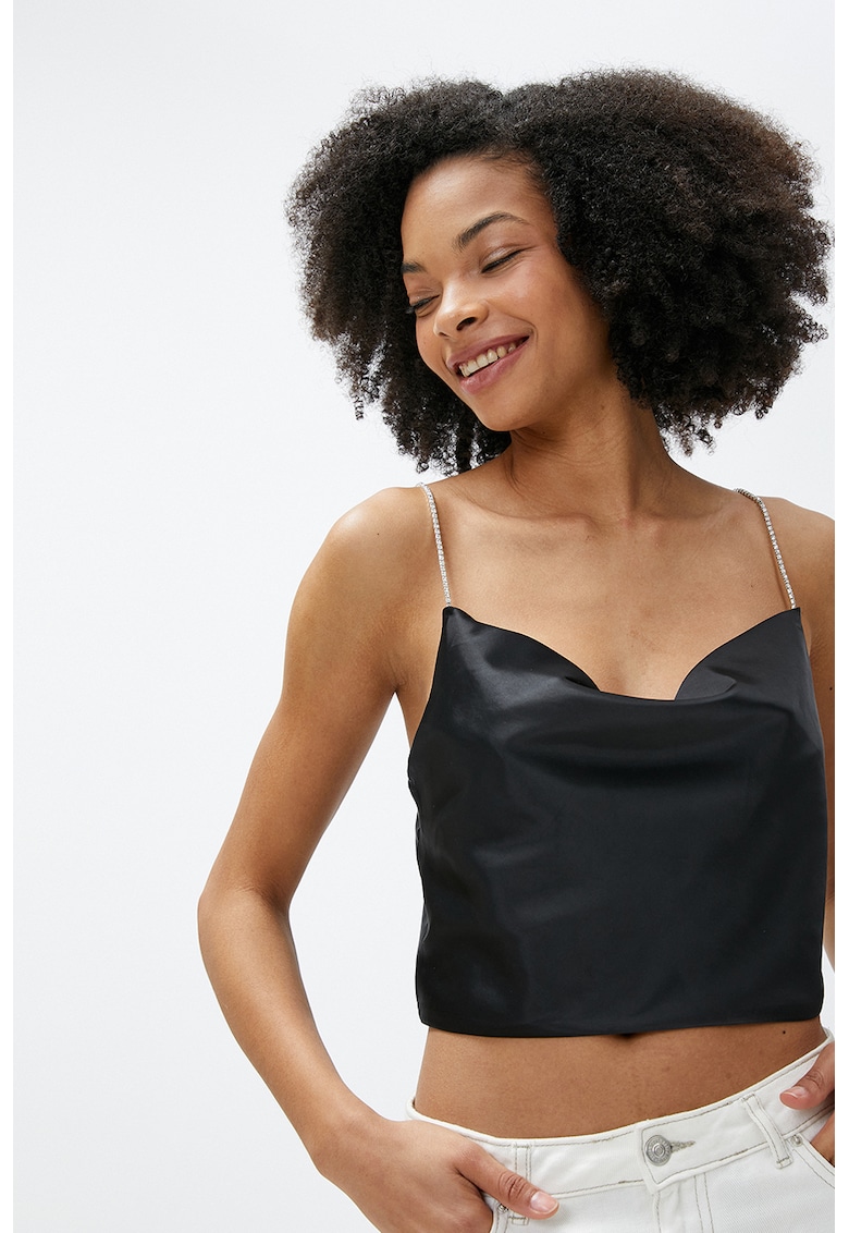 Top crop de satin cu bretele cu strasuri
