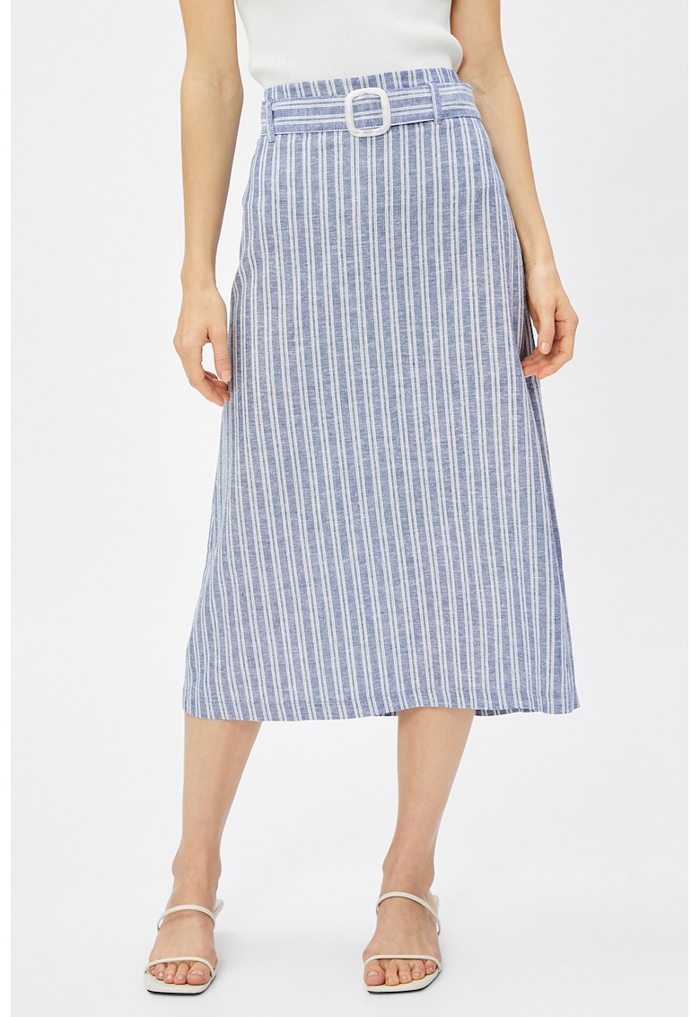 Rochie din amestec de in cu model in dungi si slit lateral