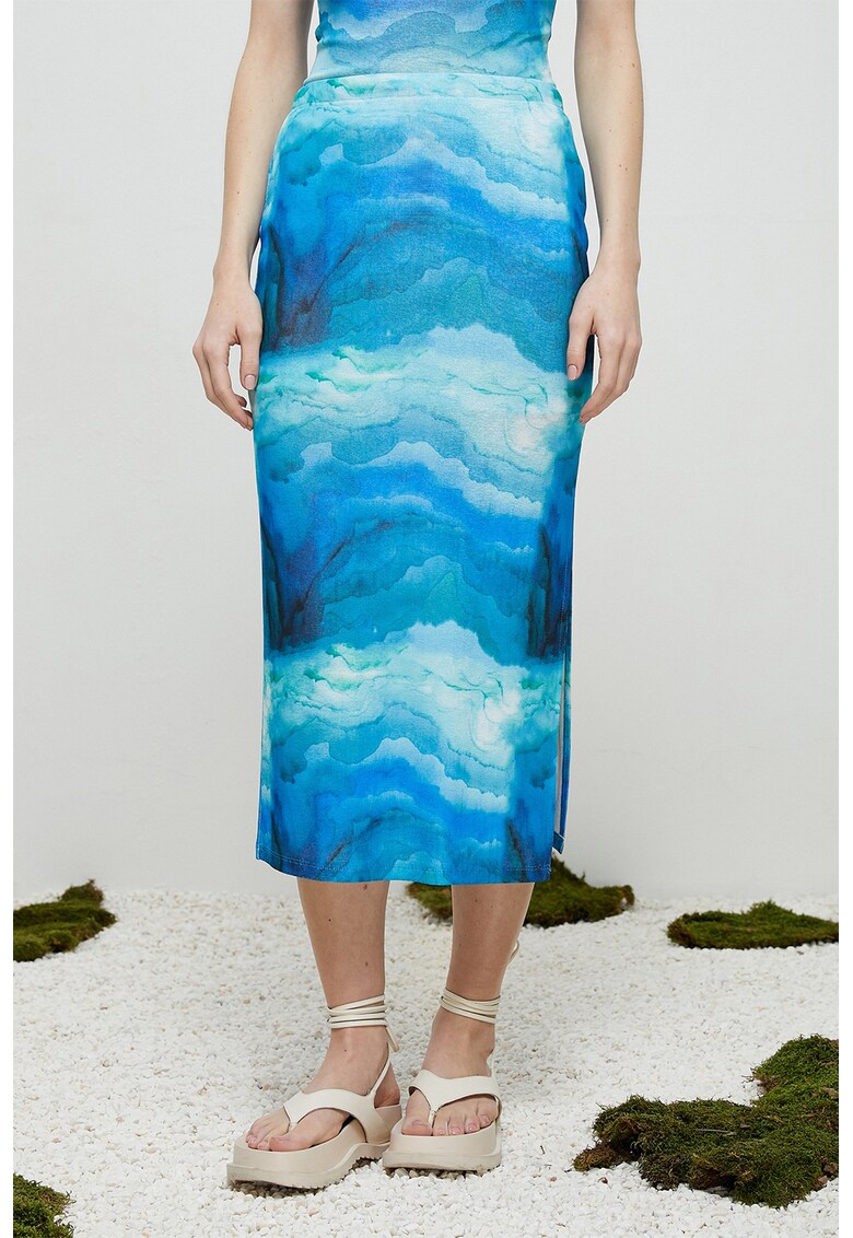 Fusta midi cu slit lateral si imprimeu abstract