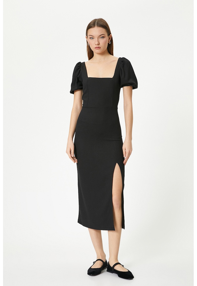 Rochie midi cu decolteu patrat si slit frontal