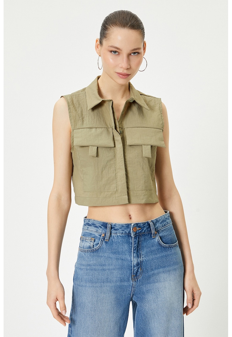 Bluza crop fara maneci cu buzunare pe piept