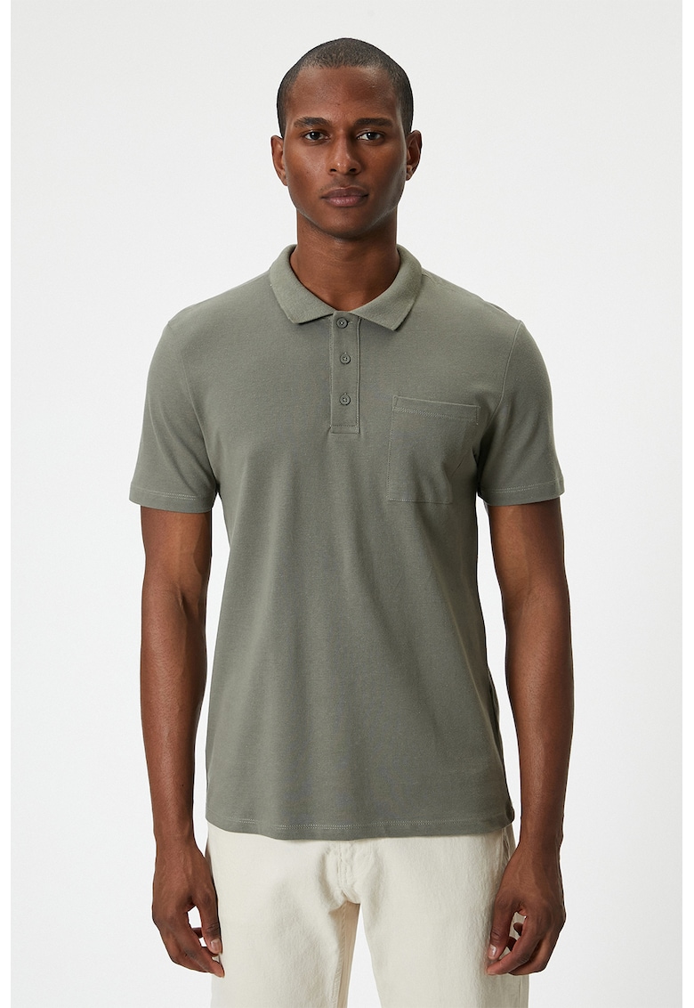 Tricou polo de bumbac cu buzunar aplicat pe piept - Grej