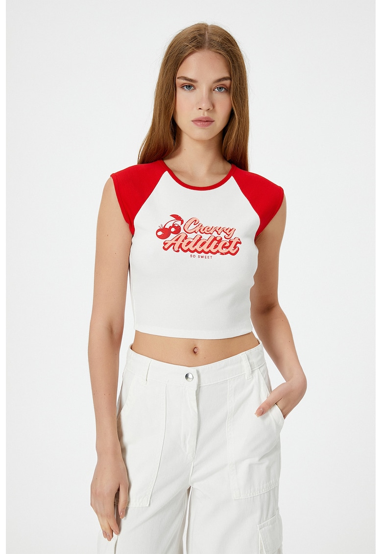 Tricou crop colorblock - Rosu/Alb/Roz somon