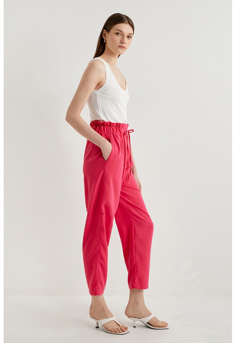 Pantaloni cu talie inalta si snururi - Coral