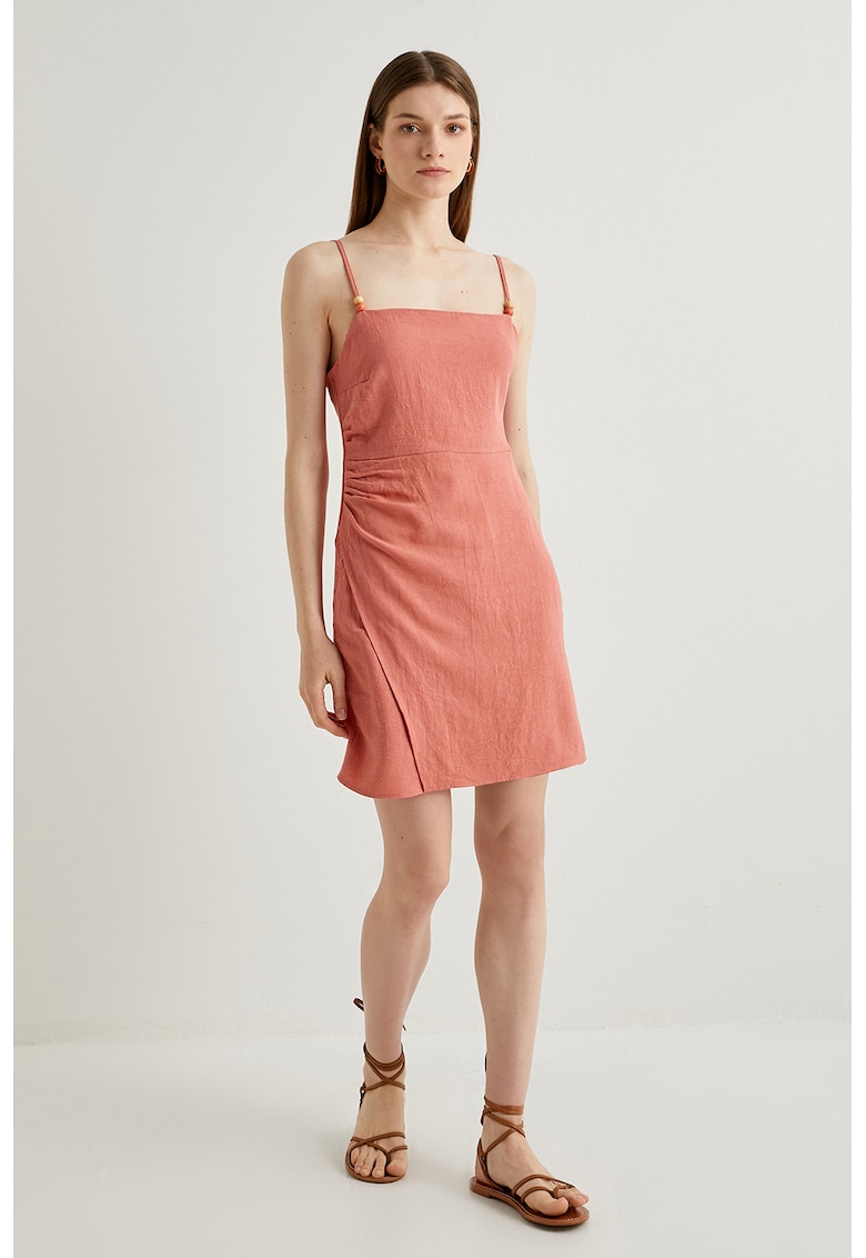 Rochie din amestec de in cu decolteu patrat - Roz somon