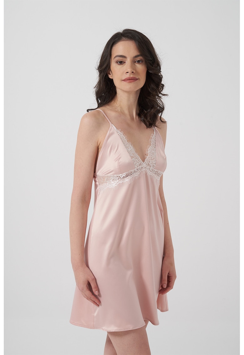 Camasa de noapte cu decolteu in V si insertii de dantela Issa