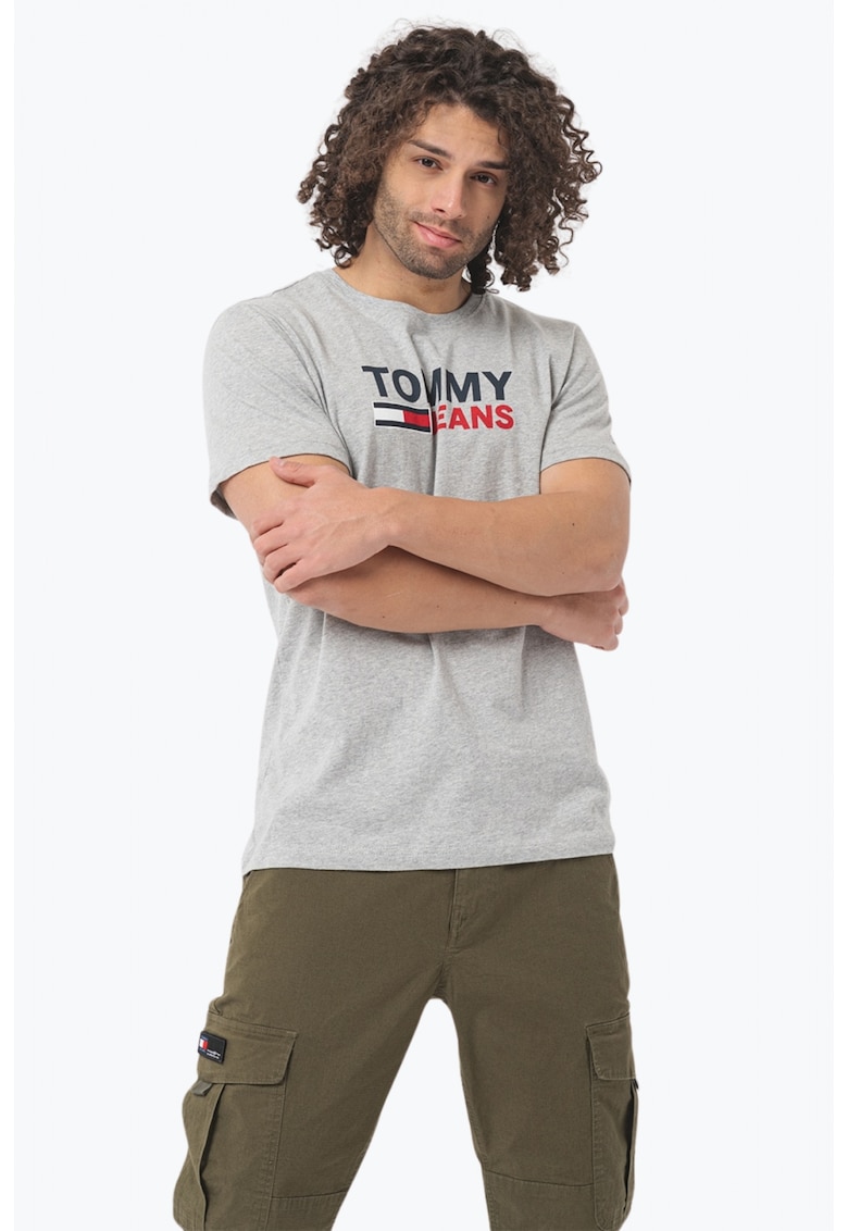 Tricou barbati cu imprimeu cu logo Tommy Jeans din bumbac organic gri