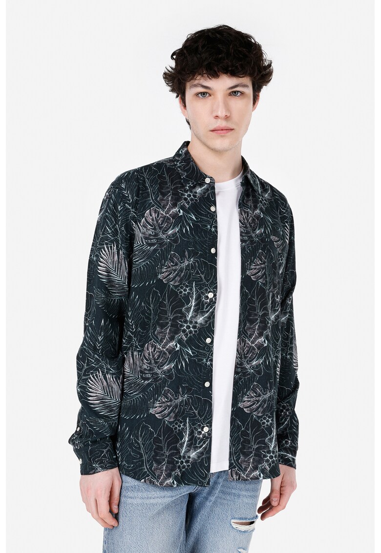 Camasa cu imprimeu tropical - Negru stins/Alb optic