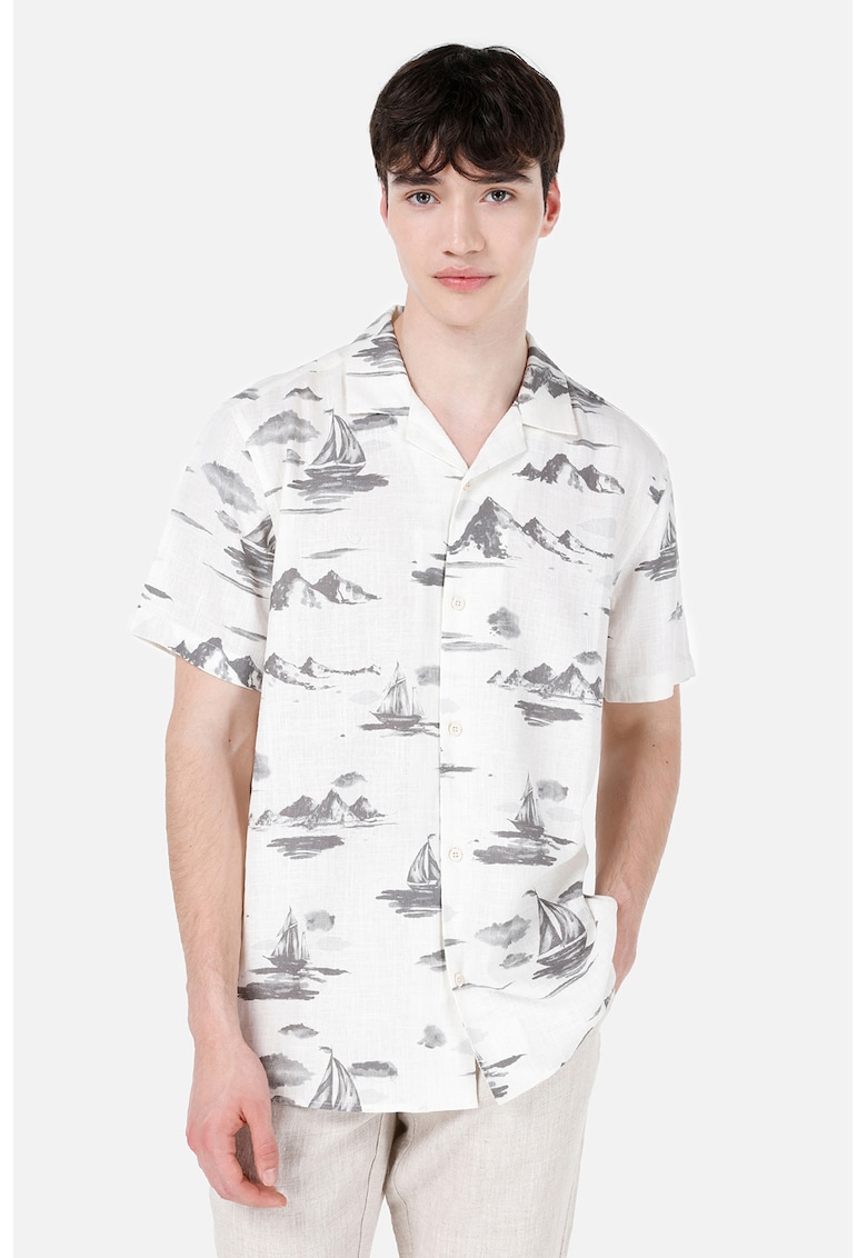 Camasa din amestec de in cu maneci scurte - Gri/Alb murdar