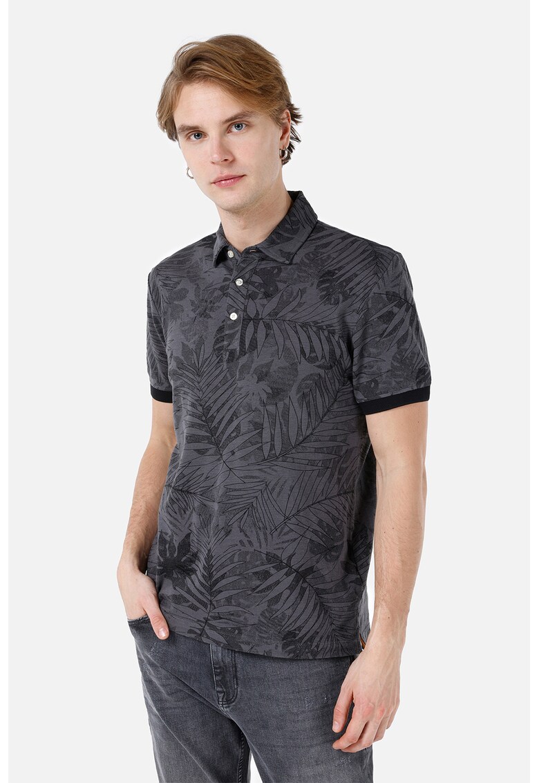 Tricou polo din bumbac cu imprimeu tropical - Gri inchis