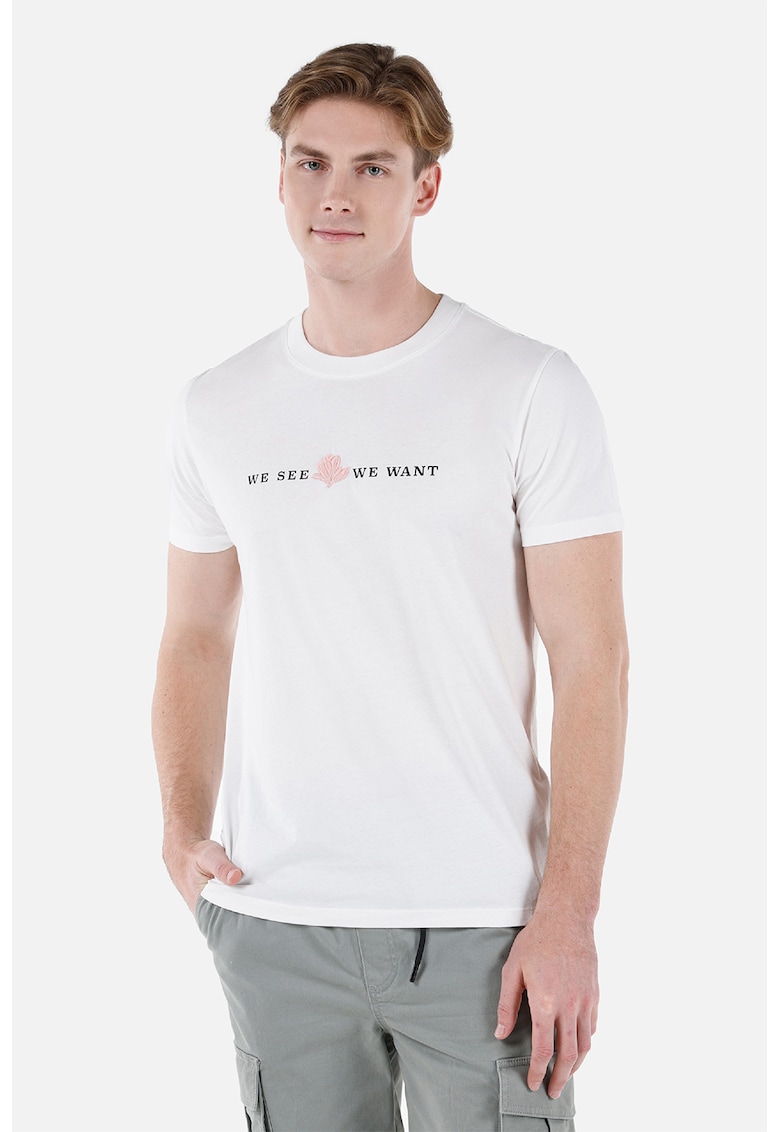 Tricou cu decolteu la baza gatului si imprimeu - Alb