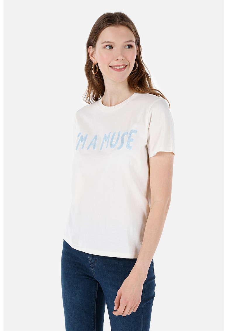 Tricou cu decolteu la baza gatului si detalii texturate - Alb murdar